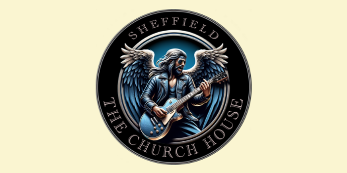 Circular logo for Sheffield’s The Church House featuring a stylised winged rock guitarist in a black leather jacket and sunglasses, playing a blue electric guitar. The figure is centred within metallic rings on a black background, with the venue name “Sheffield The Church House” displayed around the edge in elegant serif lettering. The design has a dramatic, high-contrast, fantasy-inspired look in shades of blue, silver and black.