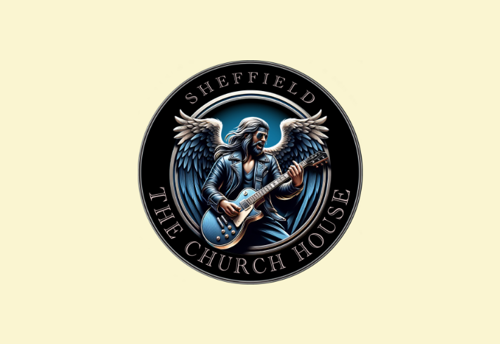 Circular logo for Sheffield’s The Church House featuring a stylised winged rock guitarist in a black leather jacket and sunglasses, playing a blue electric guitar. The figure is centred within metallic rings on a black background, with the venue name “Sheffield The Church House” displayed around the edge in elegant serif lettering. The design has a dramatic, high-contrast, fantasy-inspired look in shades of blue, silver and black.