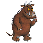 Illustration of the Gruffalo, a fictional creature with shaggy brown fur, curved white horns, bright yellow eyes, large tusks, sharp claws and purple spikes running down its back. The character stands upright with a small tail and holds one clawed hand up. The image has a plain light grey background and is drawn in a detailed storybook style.
