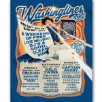 Retro-style poster for “Washinglines 2026” with bold lettering and rainbow backdrop. A person in a vintage outfit holds a glowing sign reading “A weekend of free live music, DJ’s & good, clean fun,” with stylised beams shining from the eyes. Dates: Fri 24th–Sun 26th July. Line-up lists multiple acts across Friday, Saturday, and Sunday. Venue: The Washington, Sheffield. Includes “Beer garden DJs all day long” and opening times for each day.