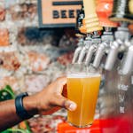 A bartender's hand pulling a pint at Hop Hideout.