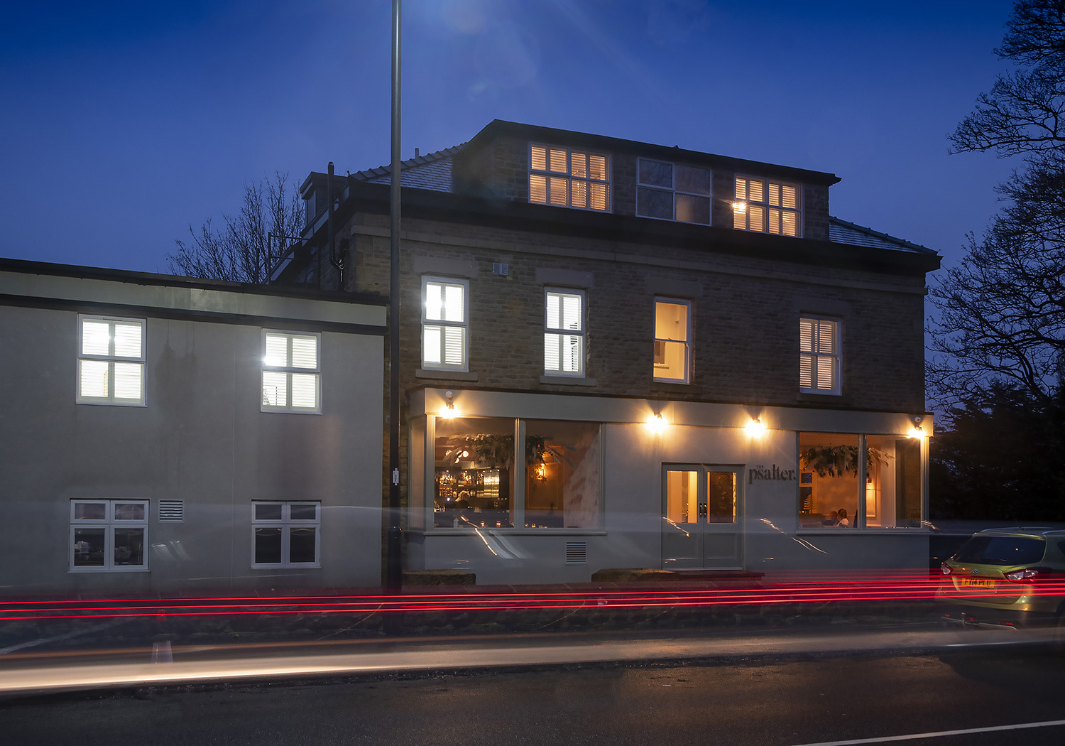 The exterior of The Psalter at night.