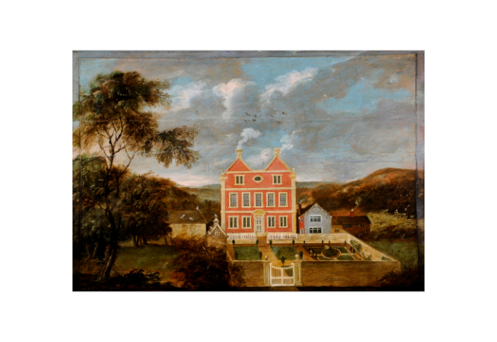 An 18th-century painting of a large red-brick Georgian house with white trim and two chimneys, set in a formal walled garden with symmetrical paths and topiary. Smaller buildings stand nearby, surrounded by trees and rolling hills under a partly cloudy blue sky. A white gate leads into the garden, and birds are visible flying in the distance.
