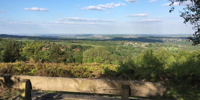A wooden bench sits in the foreground, overlooking a scenic landscape of rolling green hills, scattered trees, and a clear blue sky with fluffy white clouds. The peaceful setting suggests a place for quiet reflection or enjoying nature.
