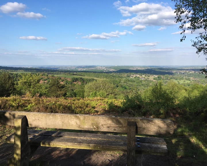 A wooden bench sits in the foreground, overlooking a scenic landscape of rolling green hills, scattered trees, and a clear blue sky with fluffy white clouds. The peaceful setting suggests a place for quiet reflection or enjoying nature.