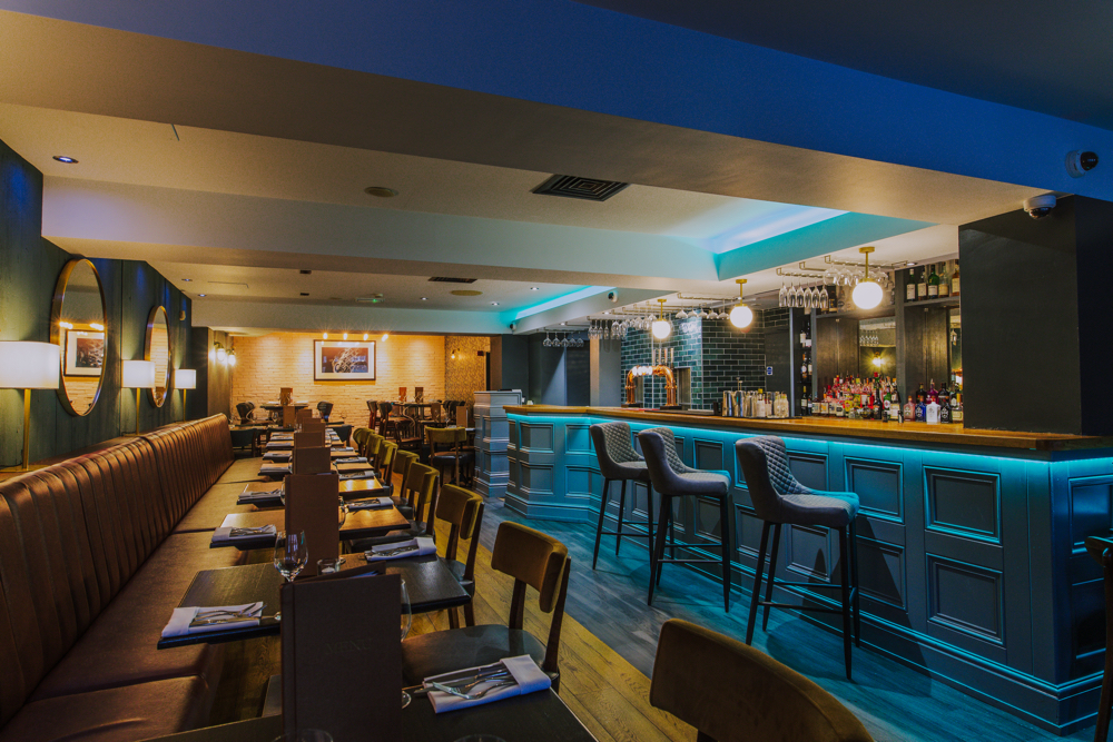 Luxurious décor and subdued lighting inside Silversmiths restaurant in Sheffield.