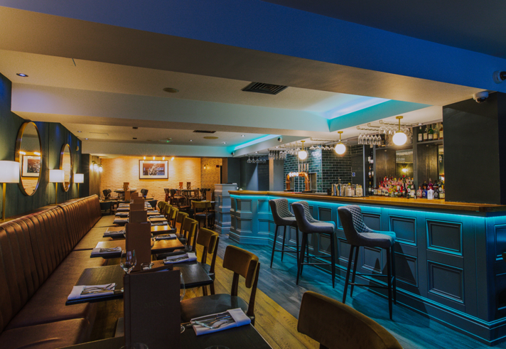 Luxurious décor and subdued lighting inside Silversmiths restaurant in Sheffield.