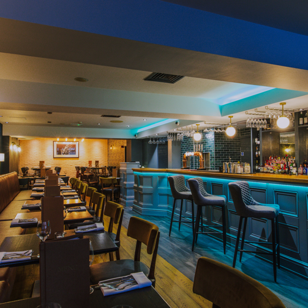 Luxurious décor and subdued lighting inside Silversmiths restaurant in Sheffield.