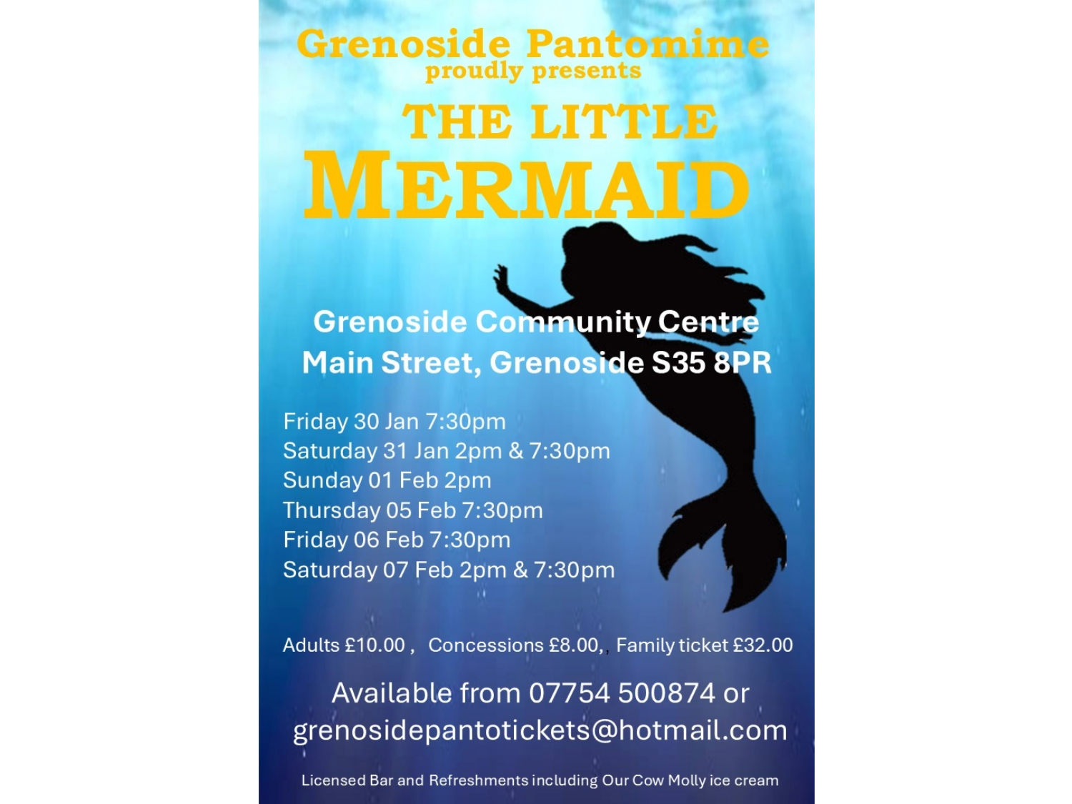 Poster for Grenoside Pantomime presenting ‘The Little Mermaid’ at Grenoside Community Centre, Main Street, Grenoside, Sheffield. The design features a silhouette of a mermaid against a blue underwater background. Show dates and times listed: 30 Jan 7:30pm, 31 Jan 2pm & 7:30pm, 01 Feb 2pm, 05 Feb 7:30pm, 06 Feb 7:30pm, 07 Feb 2pm & 7:30pm. Ticket prices: Adults £10, Concessions £8, Family ticket £32. Contact details and email for booking provided, with note about licensed bar and refreshments.