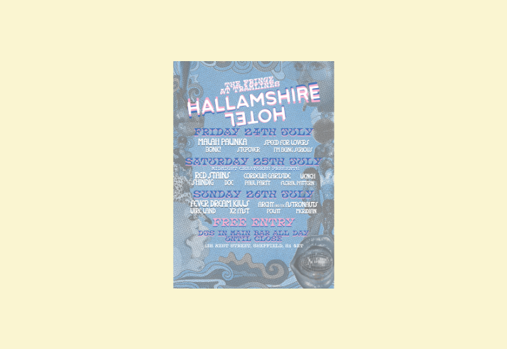 Promotional poster for The Fringe at Tramlines at Hallamshire Hotel, Sheffield, from 24–26 July. Psychedelic blue and pink design lists live music acts across Friday, Saturday and Sunday, including Malch Pauka, Red Stains, Cordelia Gartside, Wench, Fever Dream, Kulus and Archi and the Astronaut. Text highlights free entry, DJs all day and a late licence until 4am.