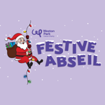 A cartoon illustration of Father Christmas abseiling down a string of fairy lights, next the the words Festive Abseil that have snow settling on top of them.