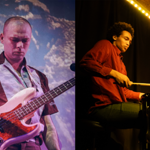 Split-screen performance image showing two musicians on stage. On the left, a bassist in a dark short-sleeved shirt plays a white electric bass guitar against a backdrop of clouds and sky. On the right, a drummer in a red shirt performs at a drum kit under warm stage lighting, with cymbals and spotlights creating a dynamic live music atmosphere.