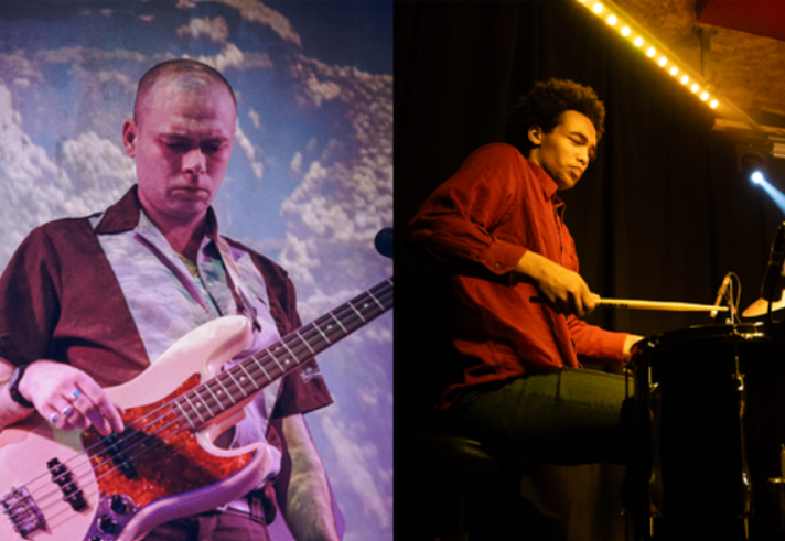 Split-screen performance image showing two musicians on stage. On the left, a bassist in a dark short-sleeved shirt plays a white electric bass guitar against a backdrop of clouds and sky. On the right, a drummer in a red shirt performs at a drum kit under warm stage lighting, with cymbals and spotlights creating a dynamic live music atmosphere.