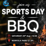 Promotional poster for a community sports day and BBQ at Norfolk Park on Saturday 29 August at 12:30, featuring large white text over a barbecue grill with burgers cooking and an orange running figure icon.