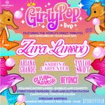 Promotional poster for “GirlyPop Live”, a pop tribute show featuring music inspired by Zara Larsson, Ariana Grande, Sabrina Carpenter, Taylor Swift, Olivia Rodrigo and Beyoncé, with tour dancers. Bright pink and orange design decorated with seahorses, dolphins, bubbles, starfish and tropical flowers. Includes roaming entertainers, bubbles and confetti, street food vendors, hair and glitter station, candyfloss, popcorn and slush. Steelyard Sheffield, Monday 31 August 2026, 12:00–16:30.