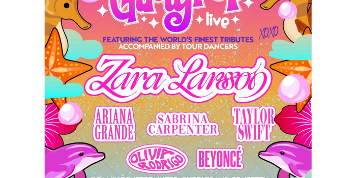 Promotional poster for “GirlyPop Live”, a pop tribute show featuring music inspired by Zara Larsson, Ariana Grande, Sabrina Carpenter, Taylor Swift, Olivia Rodrigo and Beyoncé, with tour dancers. Bright pink and orange design decorated with seahorses, dolphins, bubbles, starfish and tropical flowers. Includes roaming entertainers, bubbles and confetti, street food vendors, hair and glitter station, candyfloss, popcorn and slush. Steelyard Sheffield, Monday 31 August 2026, 12:00–16:30.
