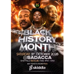 Poster for a Black History Month event with a fiery orange and gold background. Three large portrait images are displayed above bold metallic text reading “BLACK HISTORY MONTH”. Event details read: “Saturday 31st October 2026 @ SADACCA, Sheffield S3 8JB, Time: 11pm–4am”. Smaller text says tickets are available from Skiddle. A circular “We Love Reggae Presents” logo appears at the top, with chain graphics framing parts of the design.