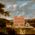 An 18th-century painting of a large red-brick Georgian house with white trim and two chimneys, set in a formal walled garden with symmetrical paths and topiary. Smaller buildings stand nearby, surrounded by trees and rolling hills under a partly cloudy blue sky. A white gate leads into the garden, and birds are visible flying in the distance.