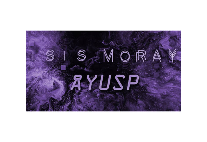 Graphic featuring the text “ISIS MORAY AYUSP” in stylised light-purple lettering across a dark, abstract background. The backdrop resembles swirling cosmic clouds or marbled ink in shades of purple and black, with subtle geometric shapes and pixel-like squares adding a digital, atmospheric feel. The overall design has a futuristic, electronic and space-inspired aesthetic.