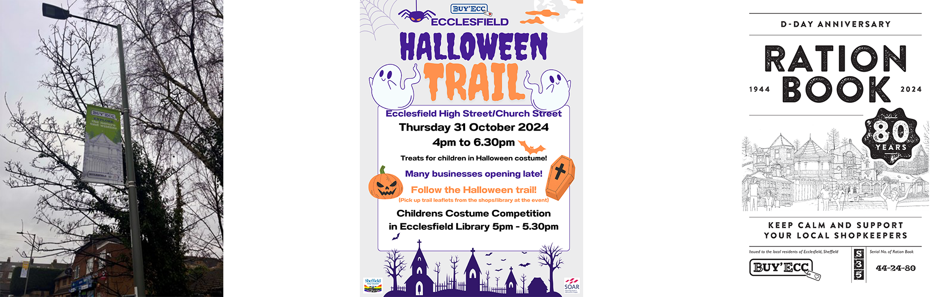 A lamppost banner, and two posters for events that took place on Eccleshall.