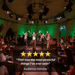 Four performers on a stage in the round, receiving applause from an audience.