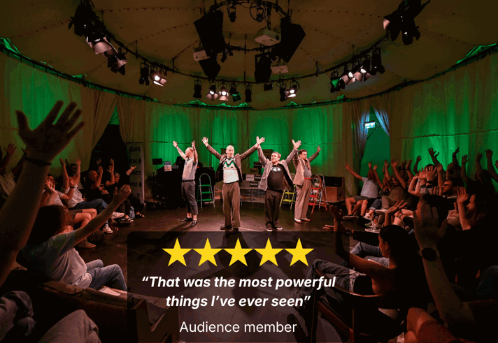 Four performers on a stage in the round, receiving applause from an audience.