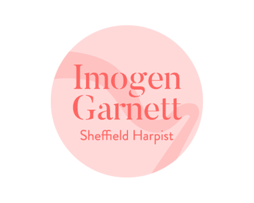 "Logo with a pink circular background featuring the text 'Imogen Garnett' in bold coral letters and 'Sheffield Harpist' in smaller coral letters below.