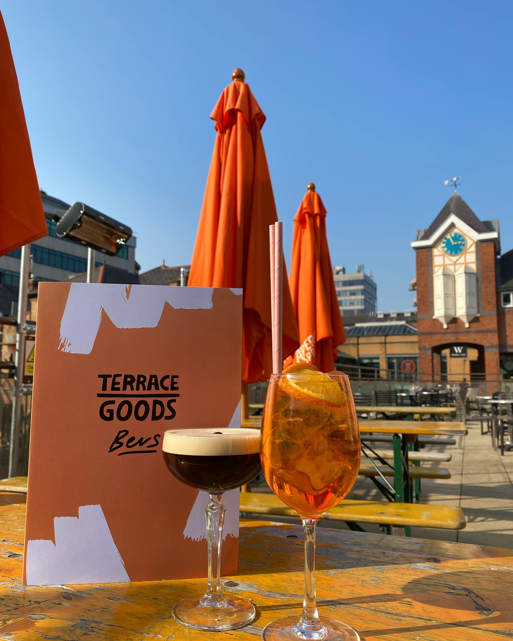 Two cocktails on an outdoor table at Terrace Goods.