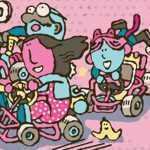 Colourful cartoon-style illustration of two children racing go-karts on a pink background with purple dots. The smiling drivers, drawn in bright pink, blue and yellow tones, speed side by side in playful vehicles. Behind them, excited spectators watch the race. A small banana peel lies on the track in the foreground, adding a humorous touch. The artwork has a hand-drawn, whimsical style reminiscent of retro video game graphics.