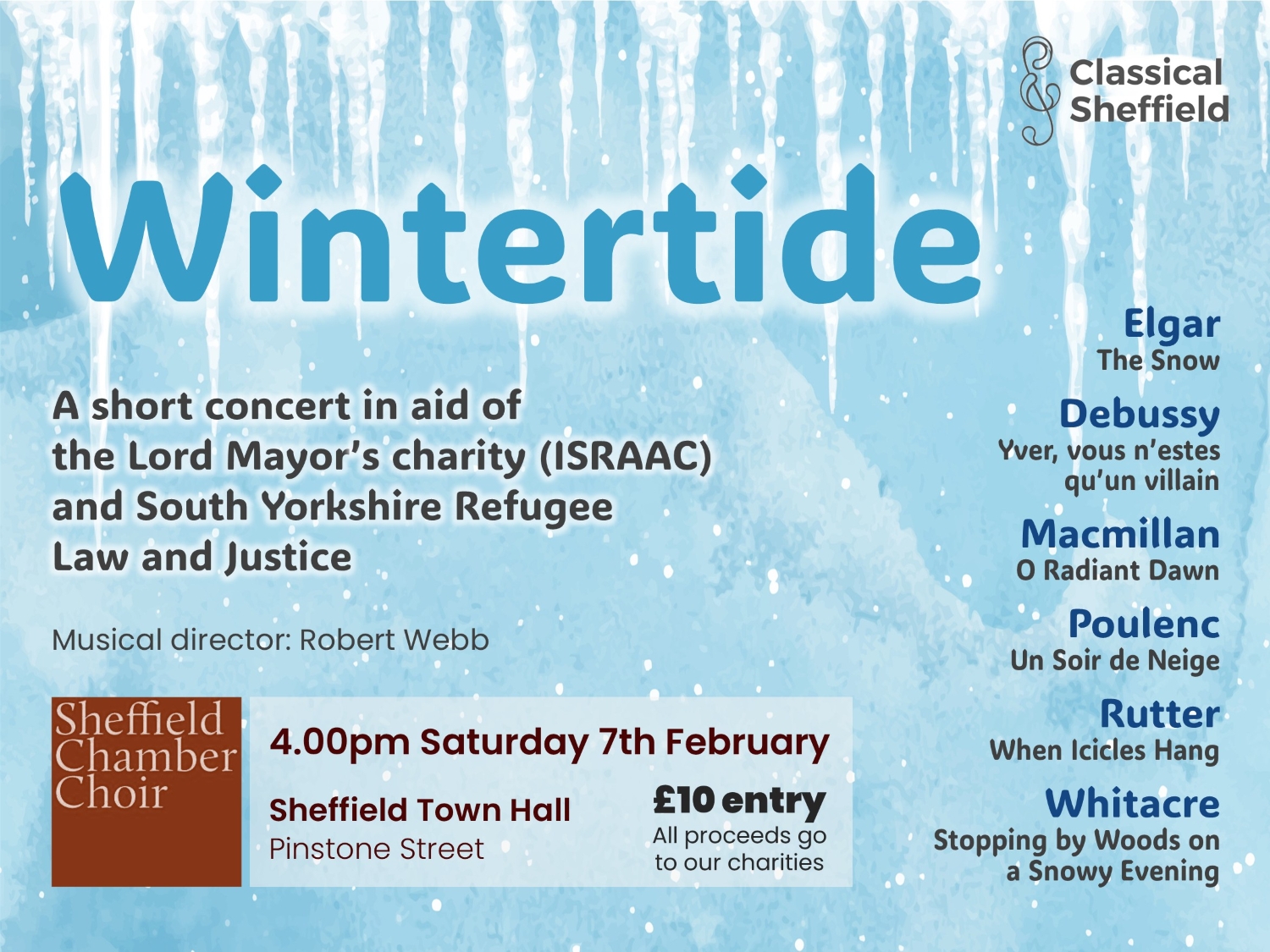 Poster for the event, listing the details, and featuring snow and icicles.