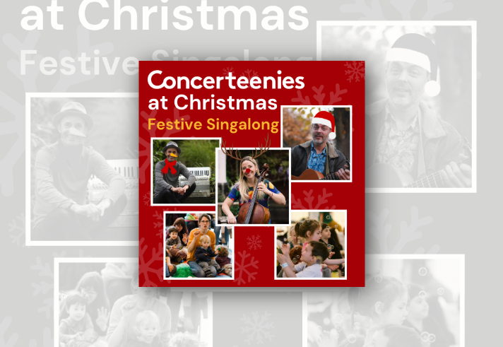 Promotional poster for “Concerteenies at Christmas – Festive Singalong” on a red background with snowflake graphics. Four photos show performers and families at a music event. One performer wears a Santa hat, another is decorated as a snowman, and a cellist is pictured with reindeer antlers and a red nose. Additional photos show adults and young children taking part in activities and enjoying the event.