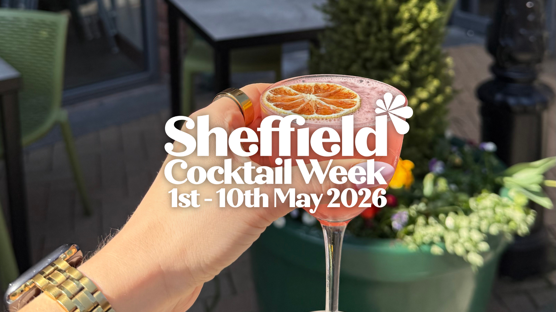 A hand holding a pink cocktail garnished with a dried orange slice in an elegant glass. The background shows outdoor seating and a large green planter with flowers. Overlaid white text reads: “Sheffield Cocktail Week, 1st – 10th May 2026” with a small flower graphic.