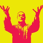 A two tone red and yellow image of Mark Thomas.