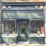 Front view of The Alchemist Gallery storefront, painted dark green with gold lettering above the entrance. Large display windows on either side of a central door showcase artwork, ceramics, sculptures and decorative objects. Sunlight reflects on the glass, revealing shelves and displays inside the gallery. The entrance mat reads “The Pharmacy,” and the building is framed by ornate stone columns and architectural details.