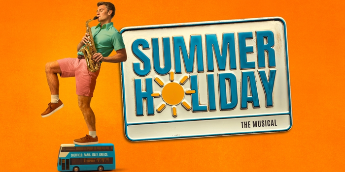 A man, playing a saxophone, leans against a huge number plate that reads "Summer Holiday - The Musical".