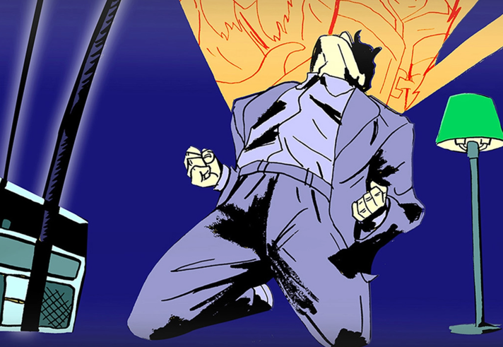 An illustration of a man performing on stage with a beatbox and a standing lamp.