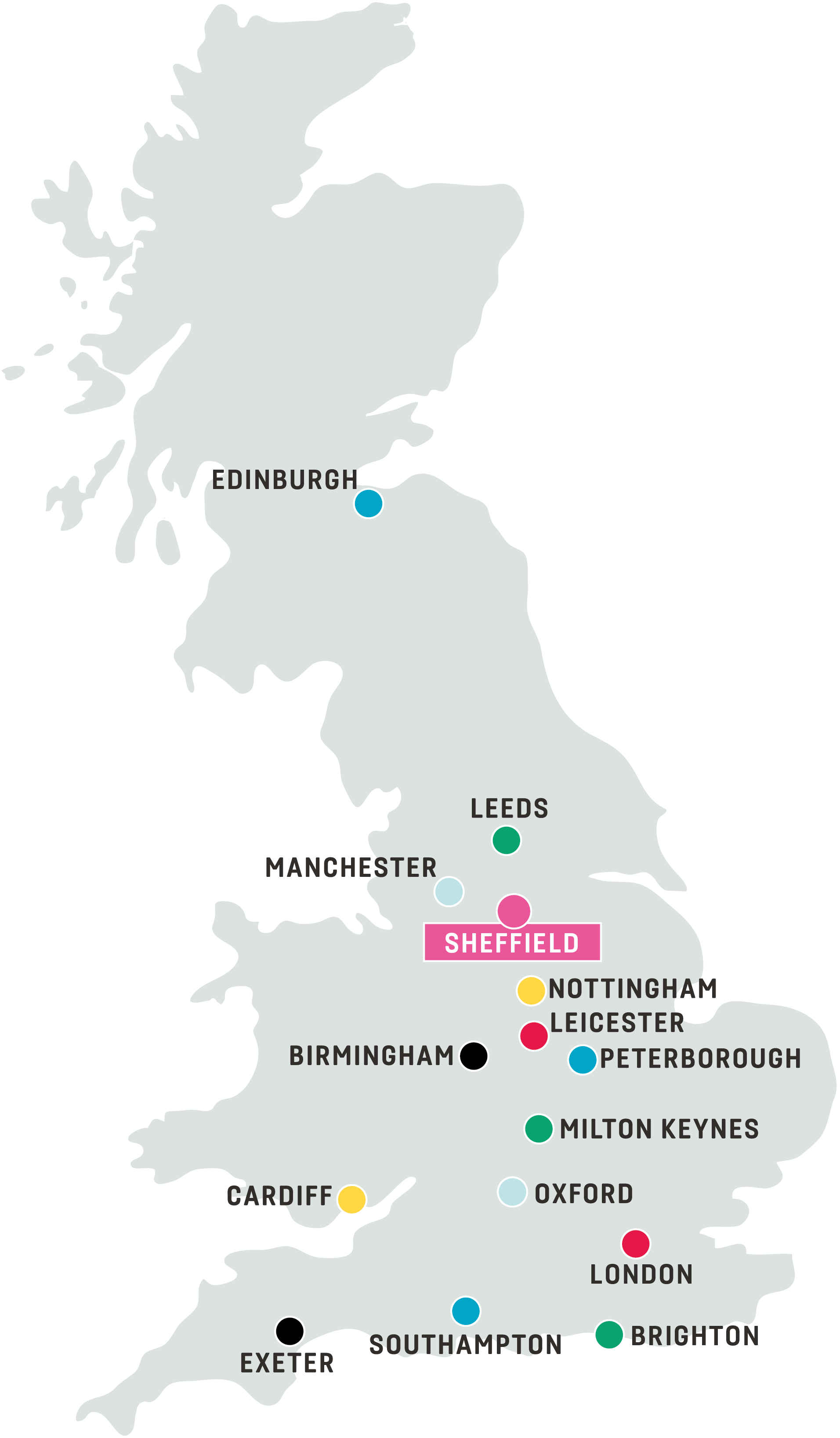 Map of the UK showing where Sheffield is