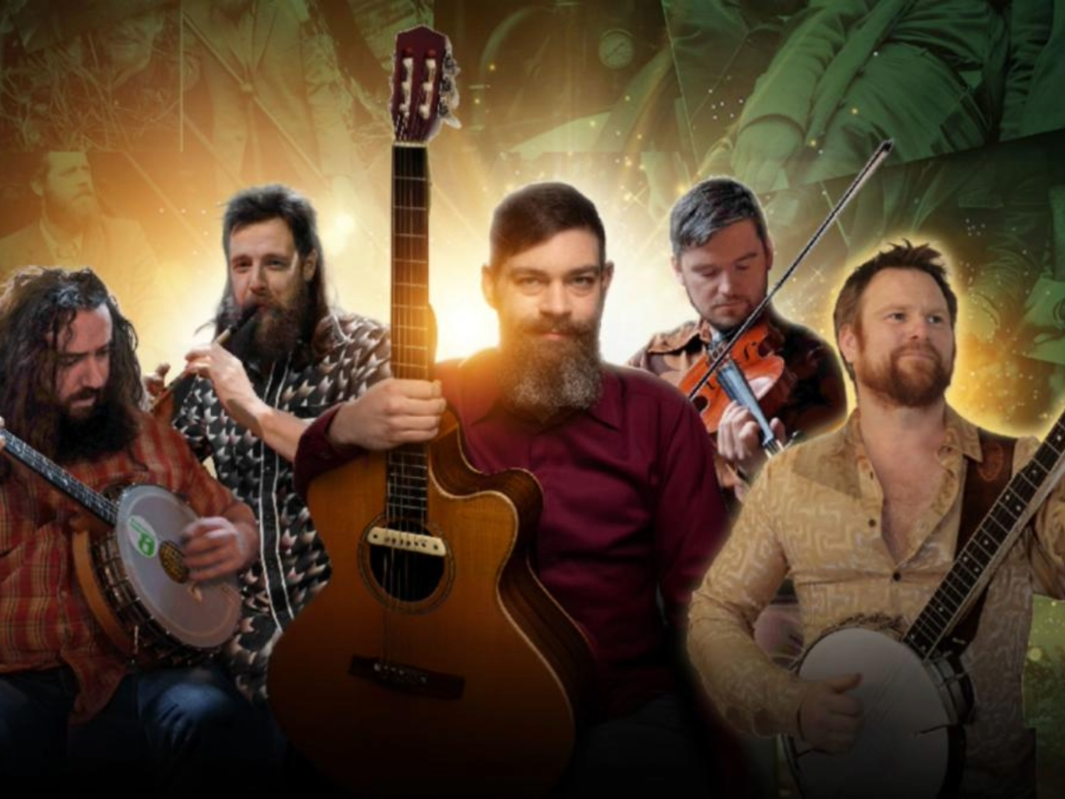 Five musicians holding instruments including two banjos, an acoustic guitar, and a violin, posed against a vibrant background with warm golden light and green tones featuring faint historical imagery.