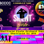 Poster for SCCCC Helping Older People promoting a fundraising “Silent Disco” on 18 September 2026 at Sheffield Plate, Orchard Square, Sheffield S1 2FB. Neon disco-themed design features a silhouette wearing headphones, a colourful dancefloor, disco ball and dancing figures. Music channels include 70s, 80s and 90s tunes. Tickets cost £15 plus booking fee. Event runs from 18:30–22:30. QR code provided for booking, with Fundraising Regulator logo displayed.