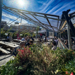 A vibrant outdoor beer garden packed with people at wooden benches beneath a blue-tinted canopy. Tall city buildings rise in the background, and plants and greenery decorate the space.