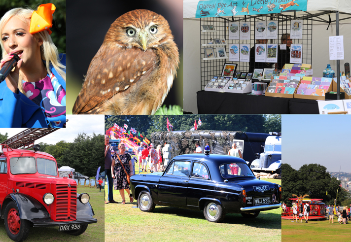 A selection of images from past Sheffield Fayre, including a singer, a bird of prey, a stall selling cards and prints, a vintage  fire engine, a vintage police car and a fair.