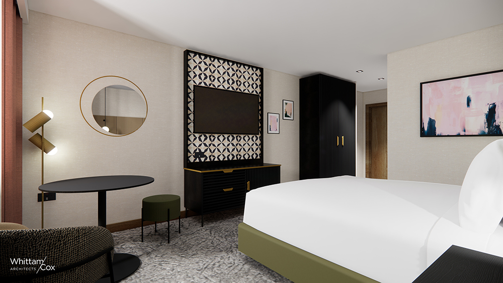 Modern hotel room with a large bed, a black wardrobe, and a patterned feature wall with a mounted TV. The room includes a round mirror, a small black table with a green stool, a cushioned chair, and contemporary lighting. A framed abstract artwork hangs on the wall, and the floor is carpeted in a neutral tone.
