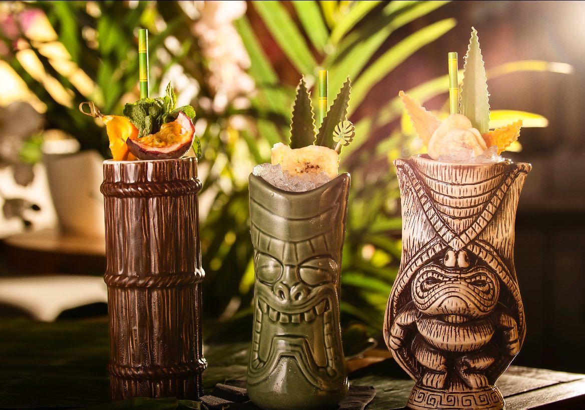 Cocktails in Tiki style cups at the Bamboo Door.