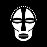A black and white illustration of a mask associated with African heritage.
