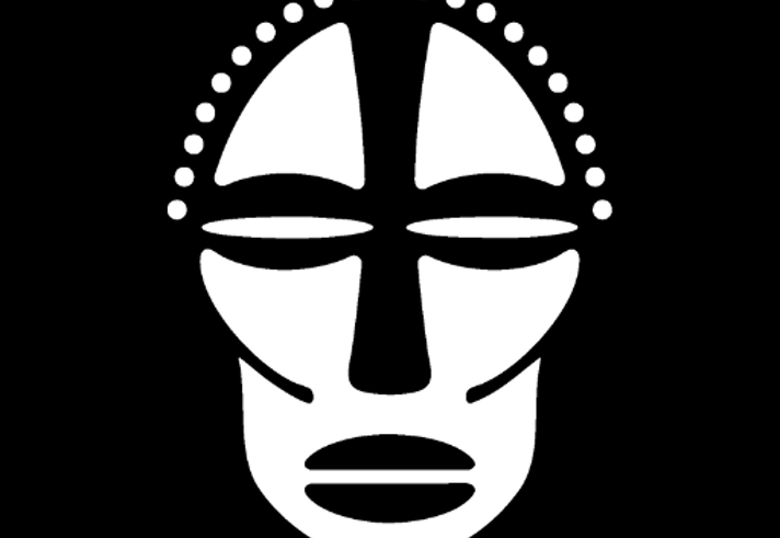 A black and white illustration of a mask associated with African heritage.
