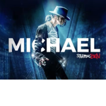 Promotional graphic for MICHAEL Starring BEN. A performer in a black jacket, white shirt and black fedora stands in profile under bright blue stage lighting. Large white text reading “MICHAEL” spans the centre of the image, with “Starring BEN” in smaller white and red text beneath. The background shows a theatre auditorium and audience faded into a blue, spotlight-filled scene.