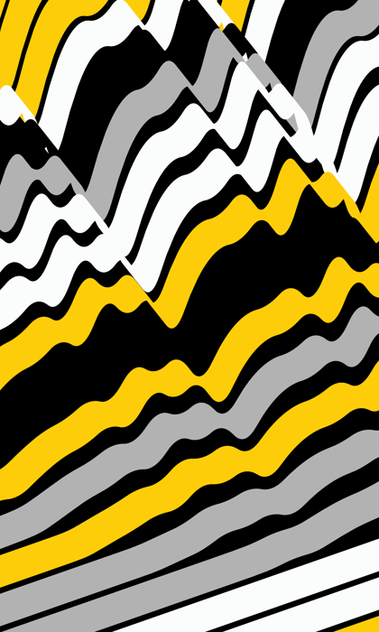 Abstract design featuring wavy, layered stripes in black, white, yellow, and gray. The stripes form diagonal, zigzagging patterns that resemble overlapping mountain peaks or topographic lines.