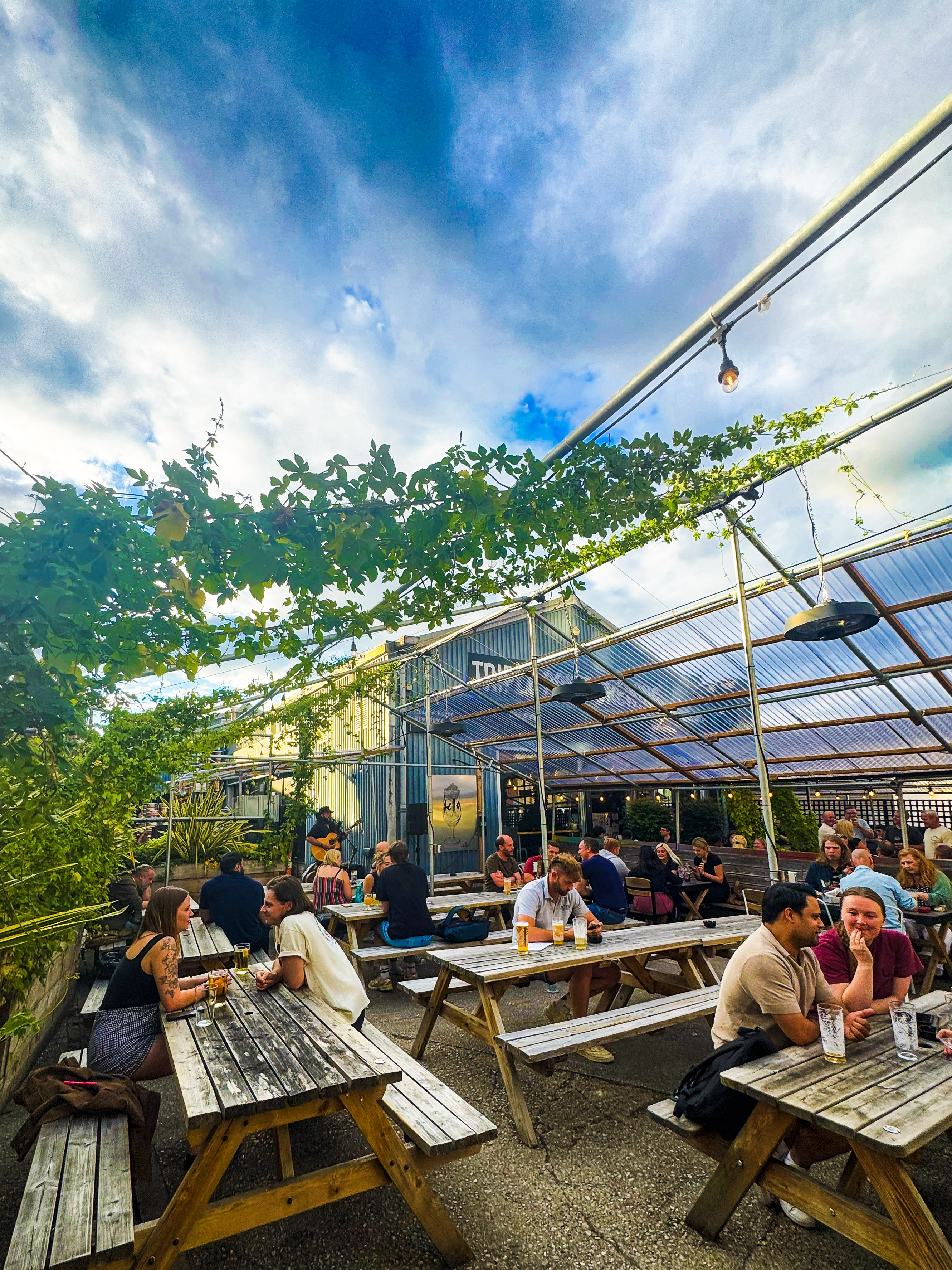 An outdoor beer garden with wooden picnic tables under a semi‑covered structure decorated with climbing plants. Groups of people sit chatting and enjoying drinks beneath a bright, partly cloudy sky.