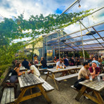 An outdoor beer garden with wooden picnic tables under a semi‑covered structure decorated with climbing plants. Groups of people sit chatting and enjoying drinks beneath a bright, partly cloudy sky.