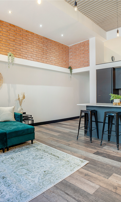 Modern living room with a kitchenette in the same open-plan space.